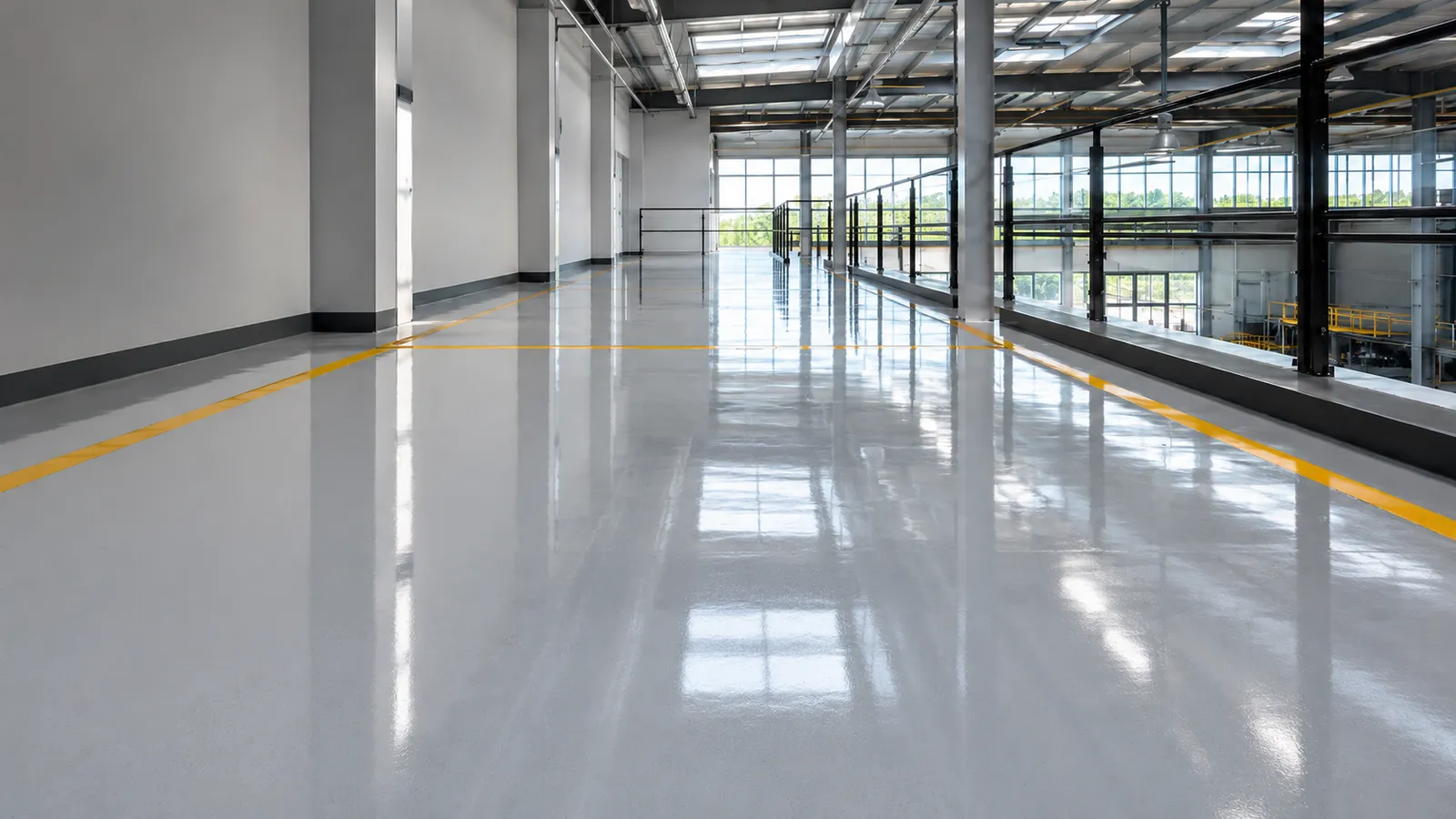 The same painted concrete facility floor with a clear, reflective finish after Duralyx Crystl Bond™ treatment.
