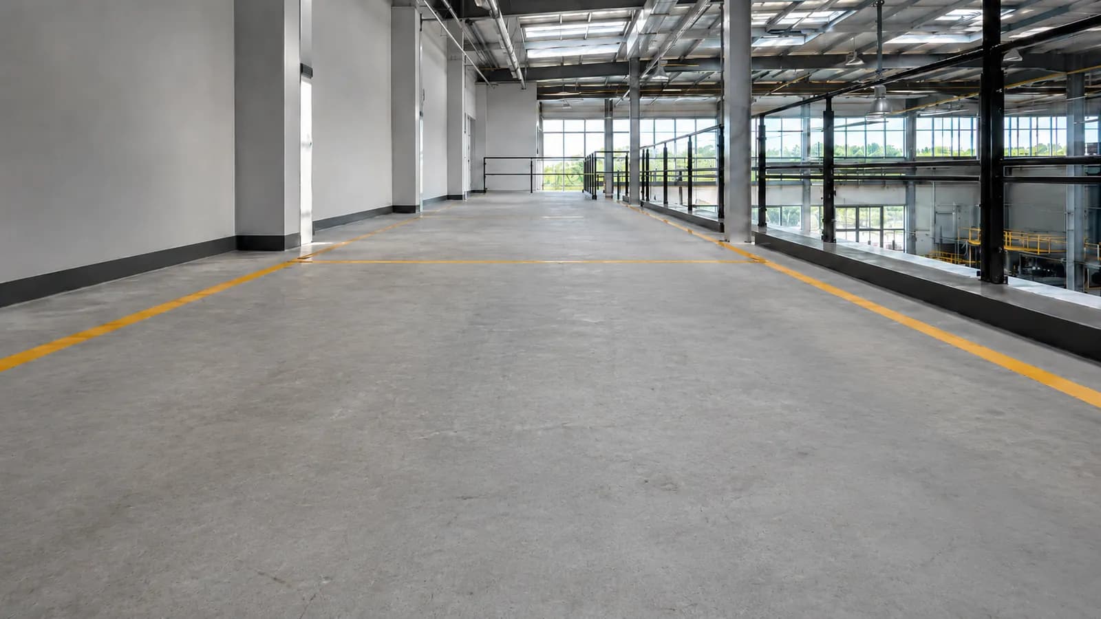 Painted concrete floor in a modern facility with a dull surface before treatment.