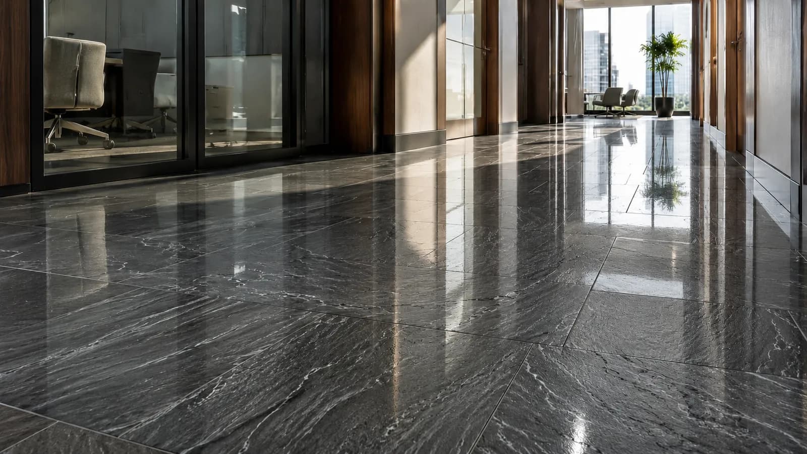 The same slate lobby floor with a deep, glossy reflection after Duralyx Crystl Bond™ treatment.