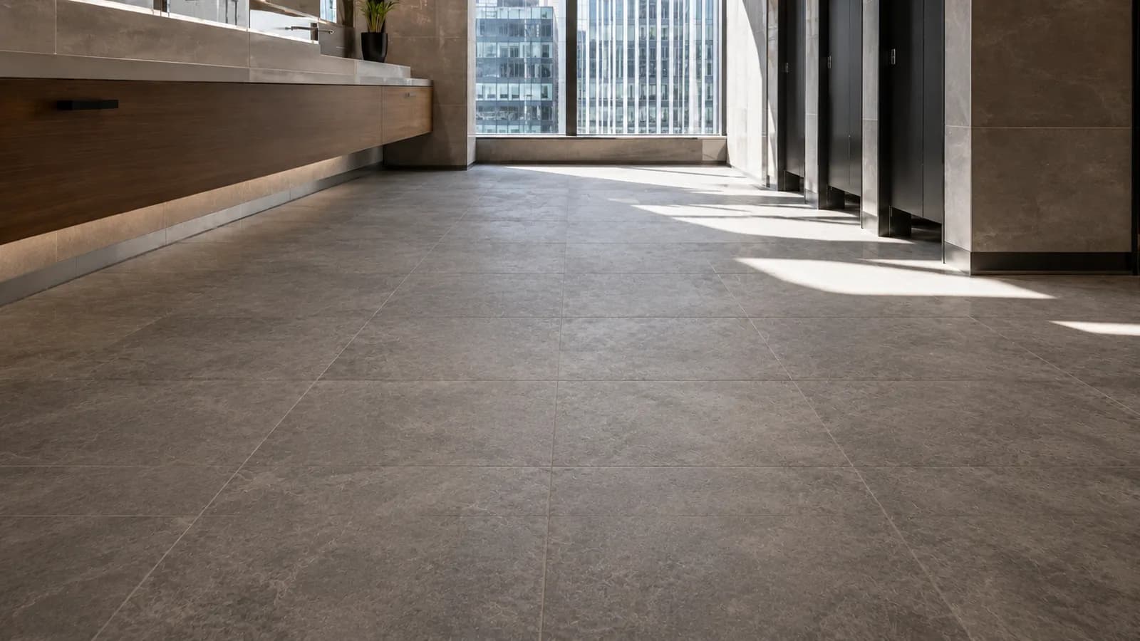 Tiled floor in a corporate restroom with a matte finish before treatment.