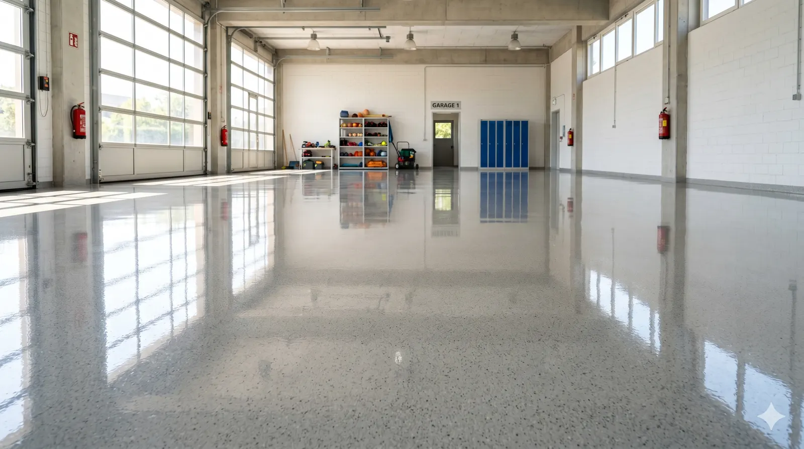 Polished floor in a spacious modern warehouse facility.