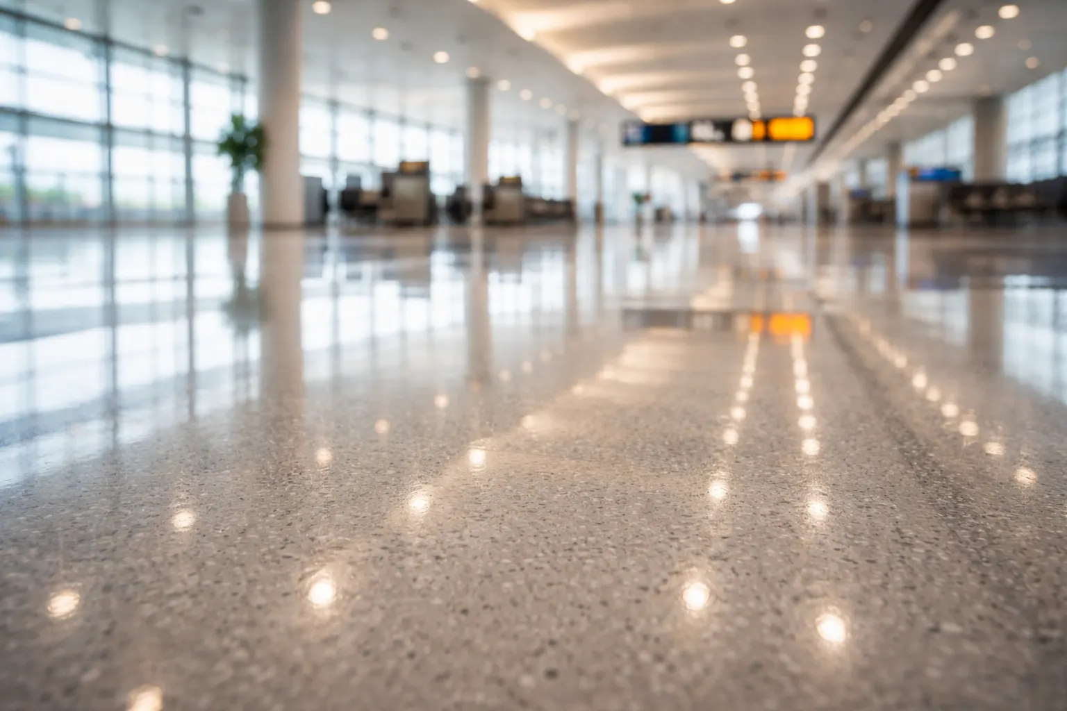 Reflective polished floor in a refined lobby lounge.