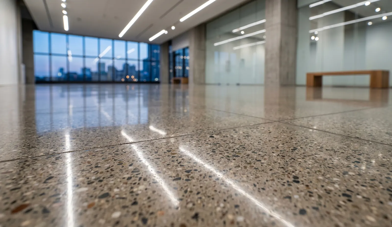 Polished commercial floor with a mirror-like reflection in a modern facility.
