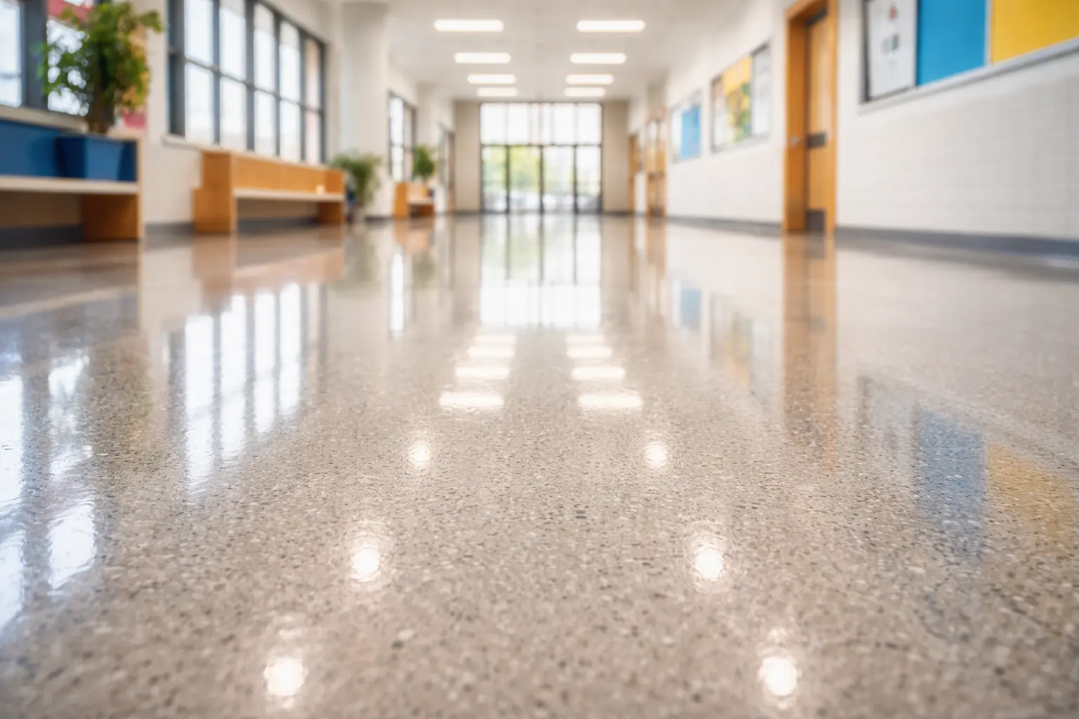 A polished terrazzo corridor with columns in a bright building.