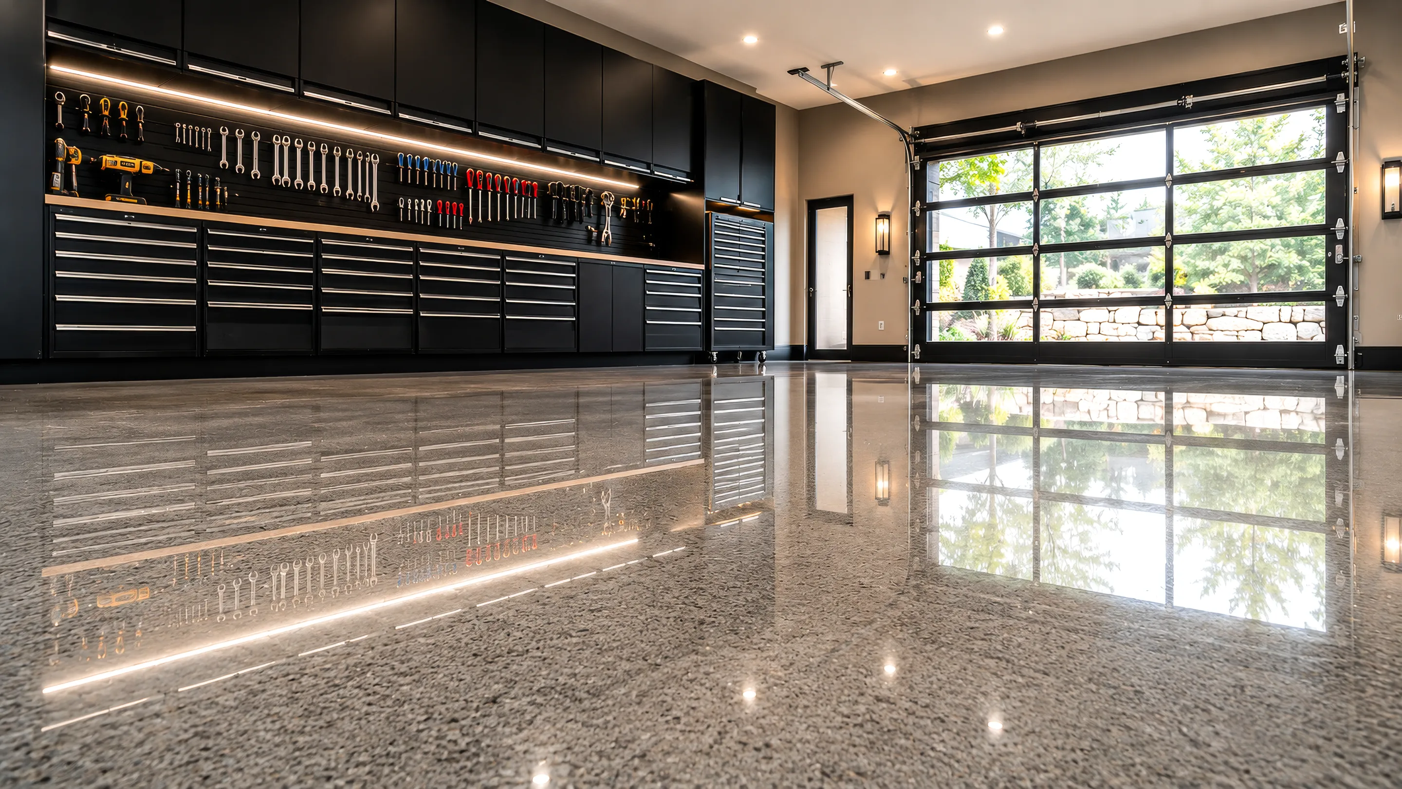 High-gloss coated garage floor with a mirror-like reflection.