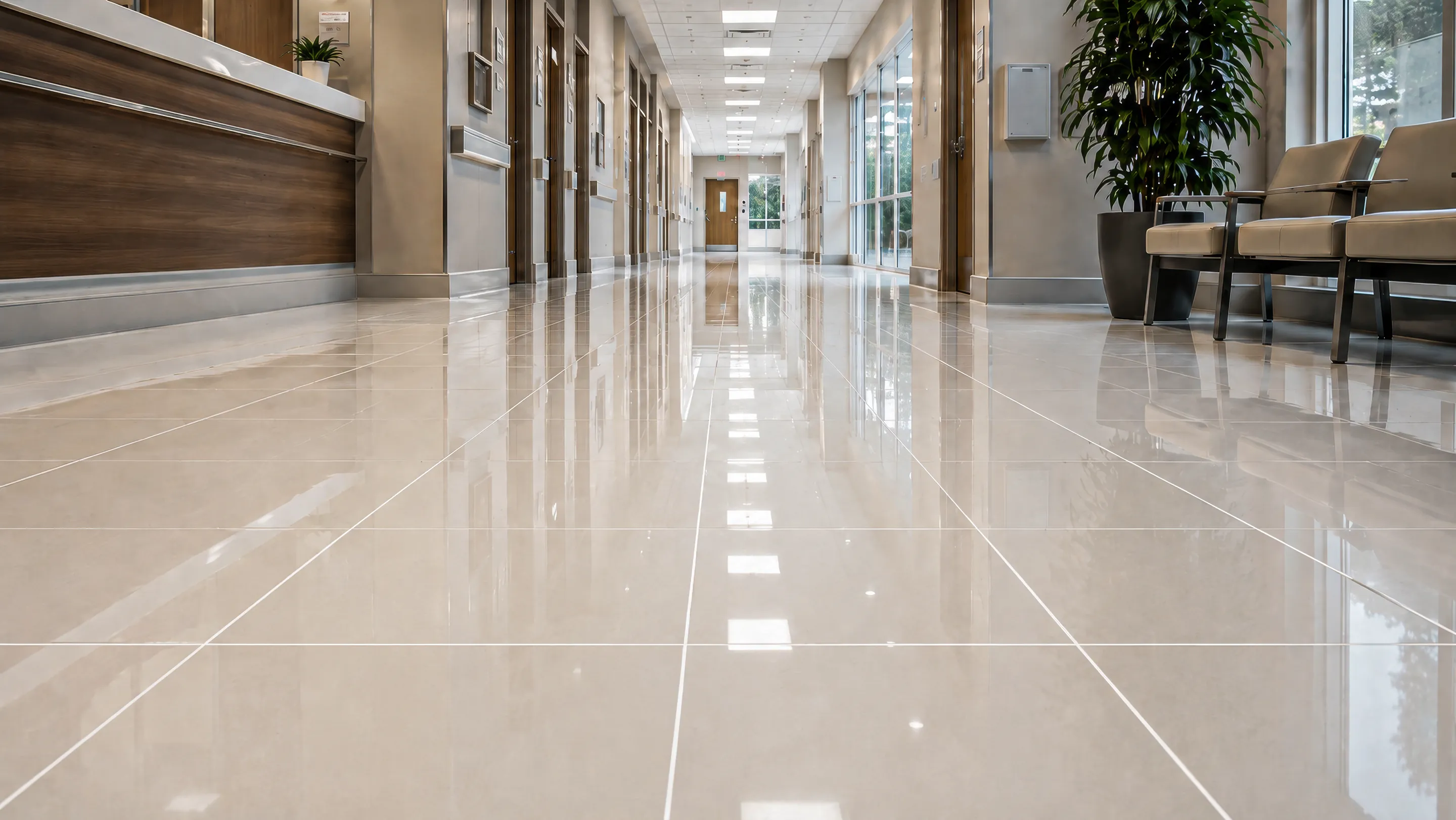 Bright, clean polished floor in a healthcare corridor.