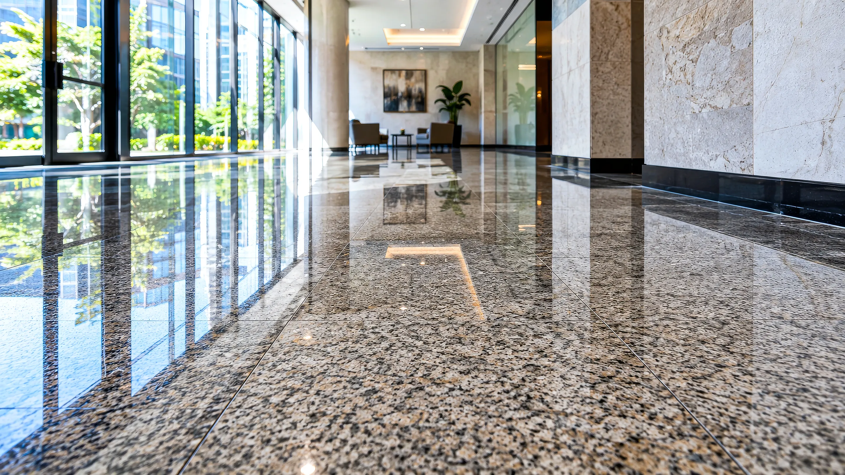 Bright polished stone floor in a managed property lobby.