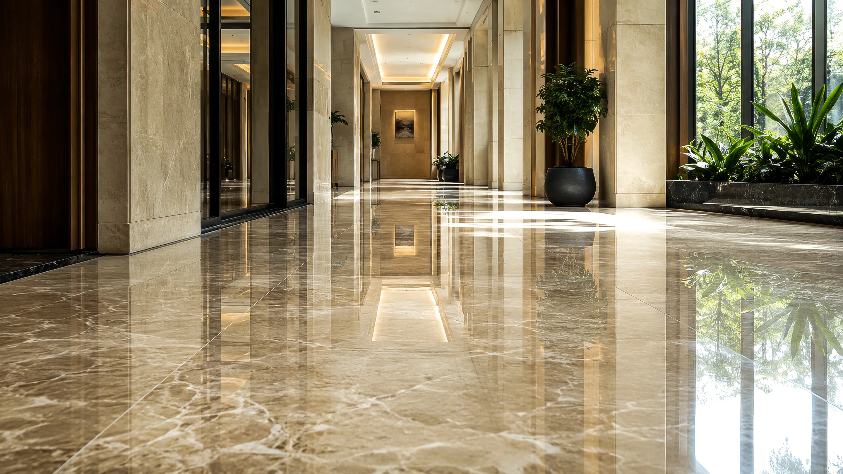Polished travertine floor in a refined residential corridor.