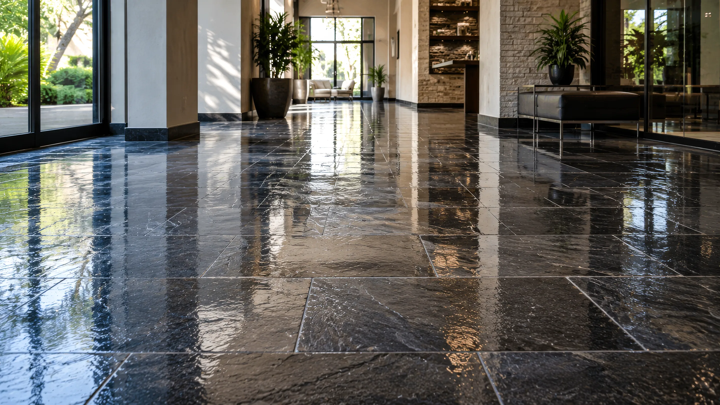 Polished dark slate floor in a refined retail interior.