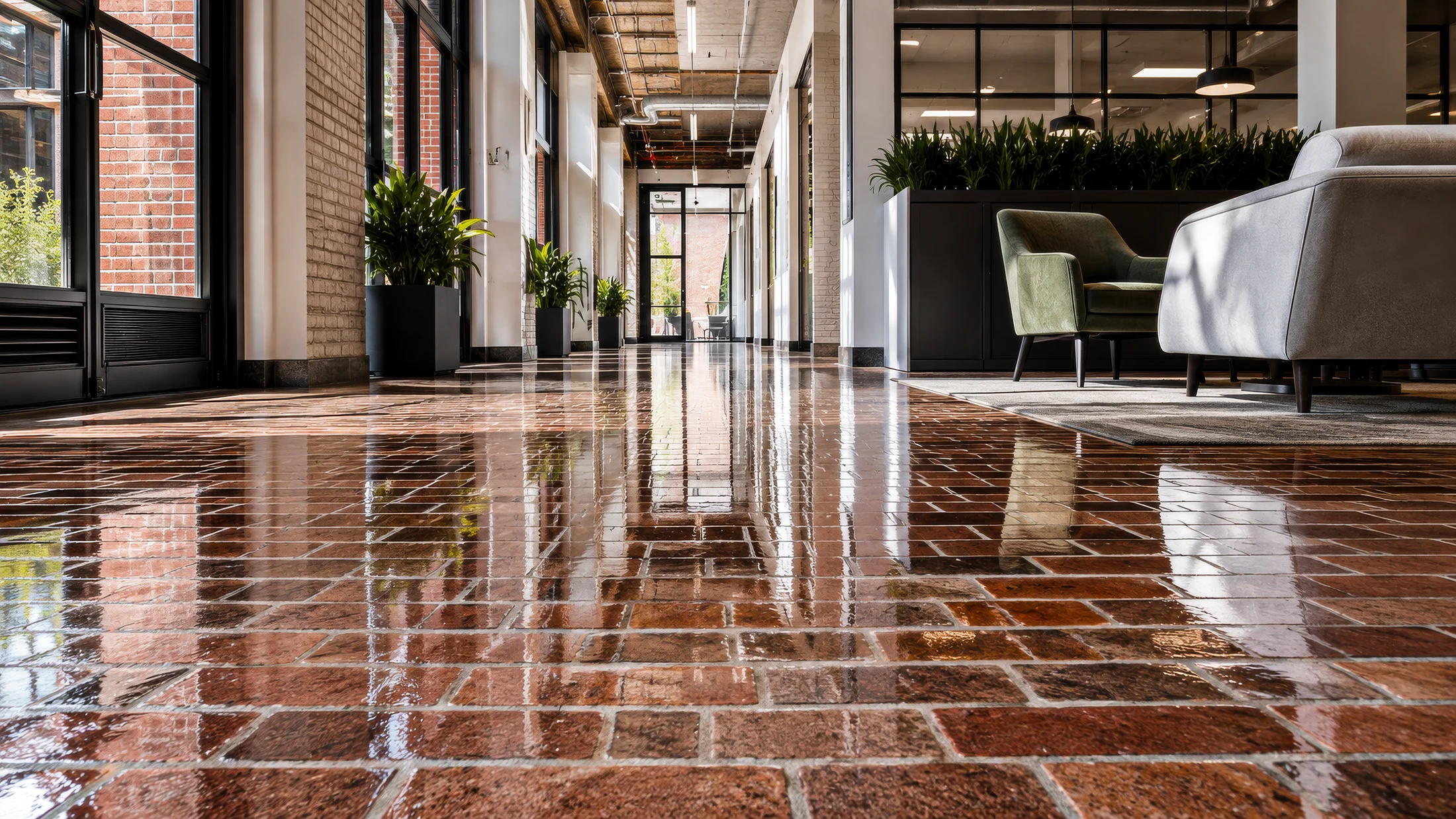 Polished high-gloss brick floor in a modern office lobby.